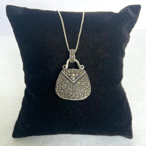 Sterling Silver 925 Hinged Marcasite Handbag Locket Purse Pendant Necklace 18" - Picture 11 of 16